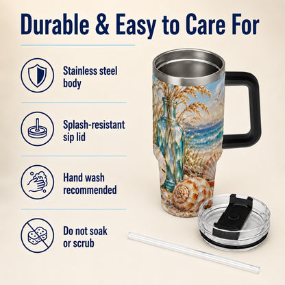 #pl[40oz|Black] Faceted Seashell 40oz Tumbler with Handle, Coastal Stainless Steel Cup
