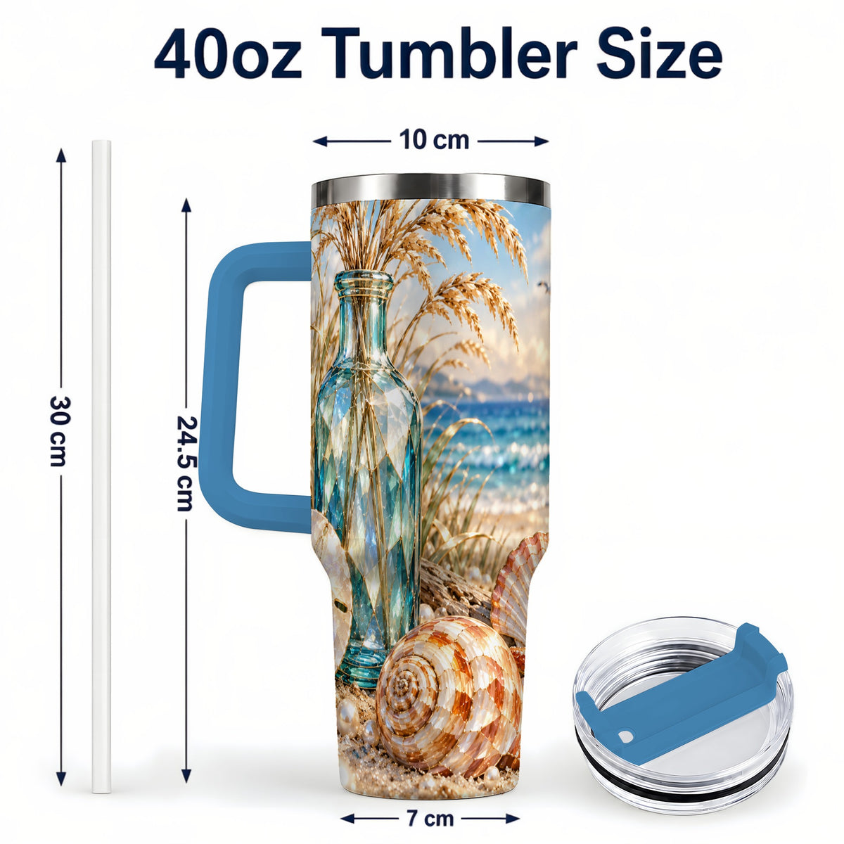 #pl[40oz|Blue] Faceted Seashell 40oz Tumbler with Handle, Coastal Stainless Steel Cup