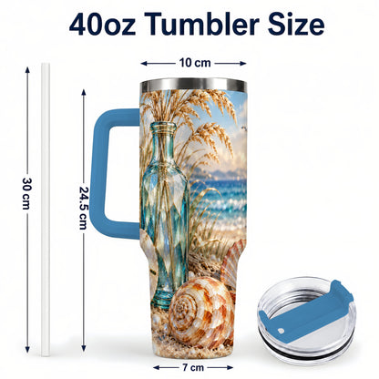 #pl[40oz|Blue] Faceted Seashell 40oz Tumbler with Handle, Coastal Stainless Steel Cup