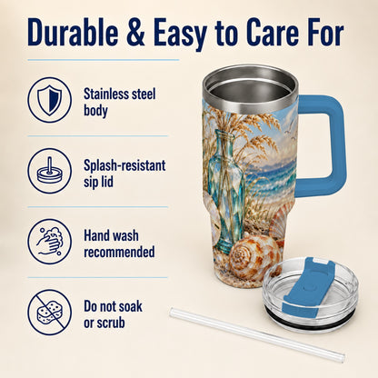 #pl[40oz|Blue] Faceted Seashell 40oz Tumbler with Handle, Coastal Stainless Steel Cup