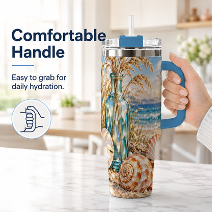 #pl[40oz|Blue] Faceted Seashell 40oz Tumbler with Handle, Coastal Stainless Steel Cup