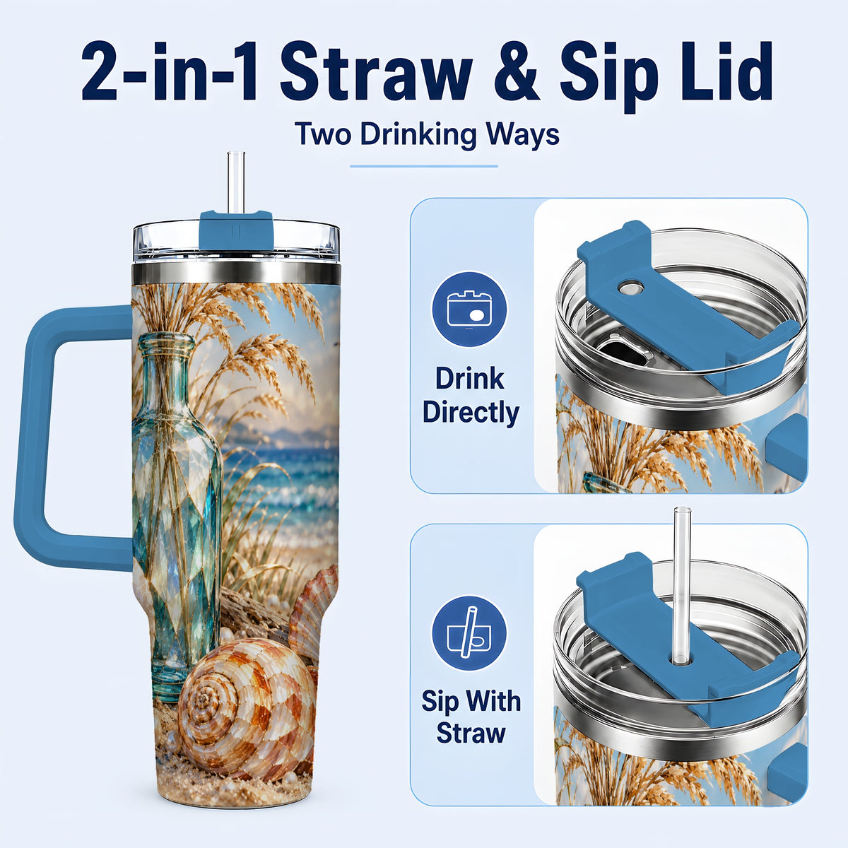 #pl[40oz|Blue] Faceted Seashell 40oz Tumbler with Handle, Coastal Stainless Steel Cup