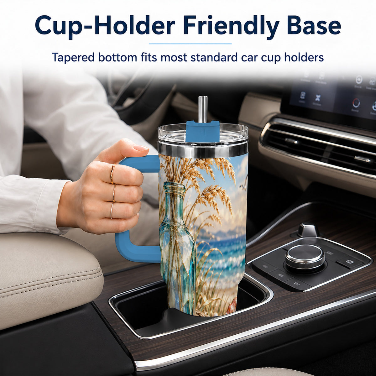 #pl[40oz|Blue] Faceted Seashell 40oz Tumbler with Handle, Coastal Stainless Steel Cup
