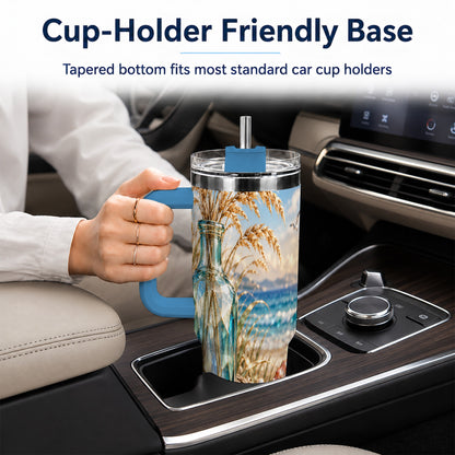 #pl[40oz|Blue] Faceted Seashell 40oz Tumbler with Handle, Coastal Stainless Steel Cup