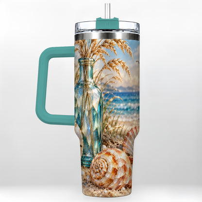 #pl[40oz|Green] Faceted Seashell 40oz Tumbler with Handle, Coastal Stainless Steel Cup