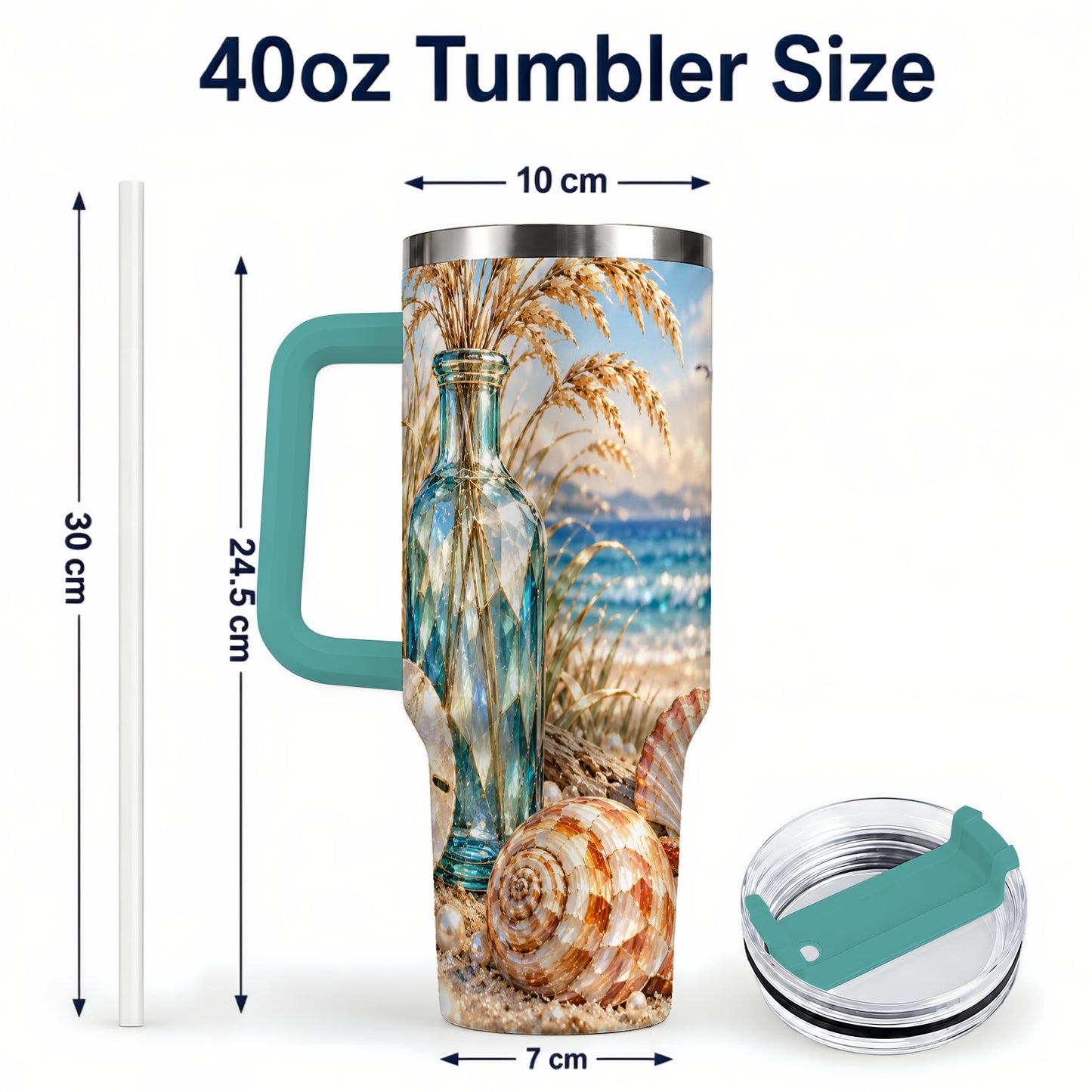 #pl[40oz|Green] Faceted Seashell 40oz Tumbler with Handle, Coastal Stainless Steel Cup