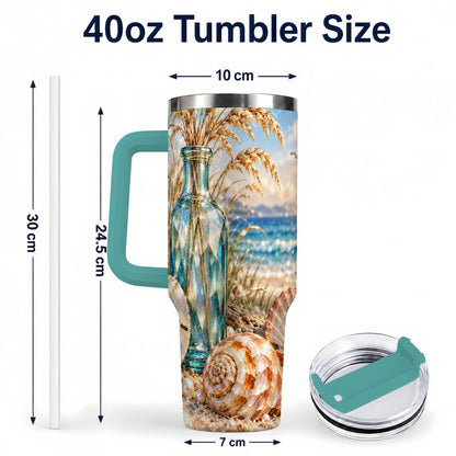 #pl[40oz|Green] Faceted Seashell 40oz Tumbler with Handle, Coastal Stainless Steel Cup