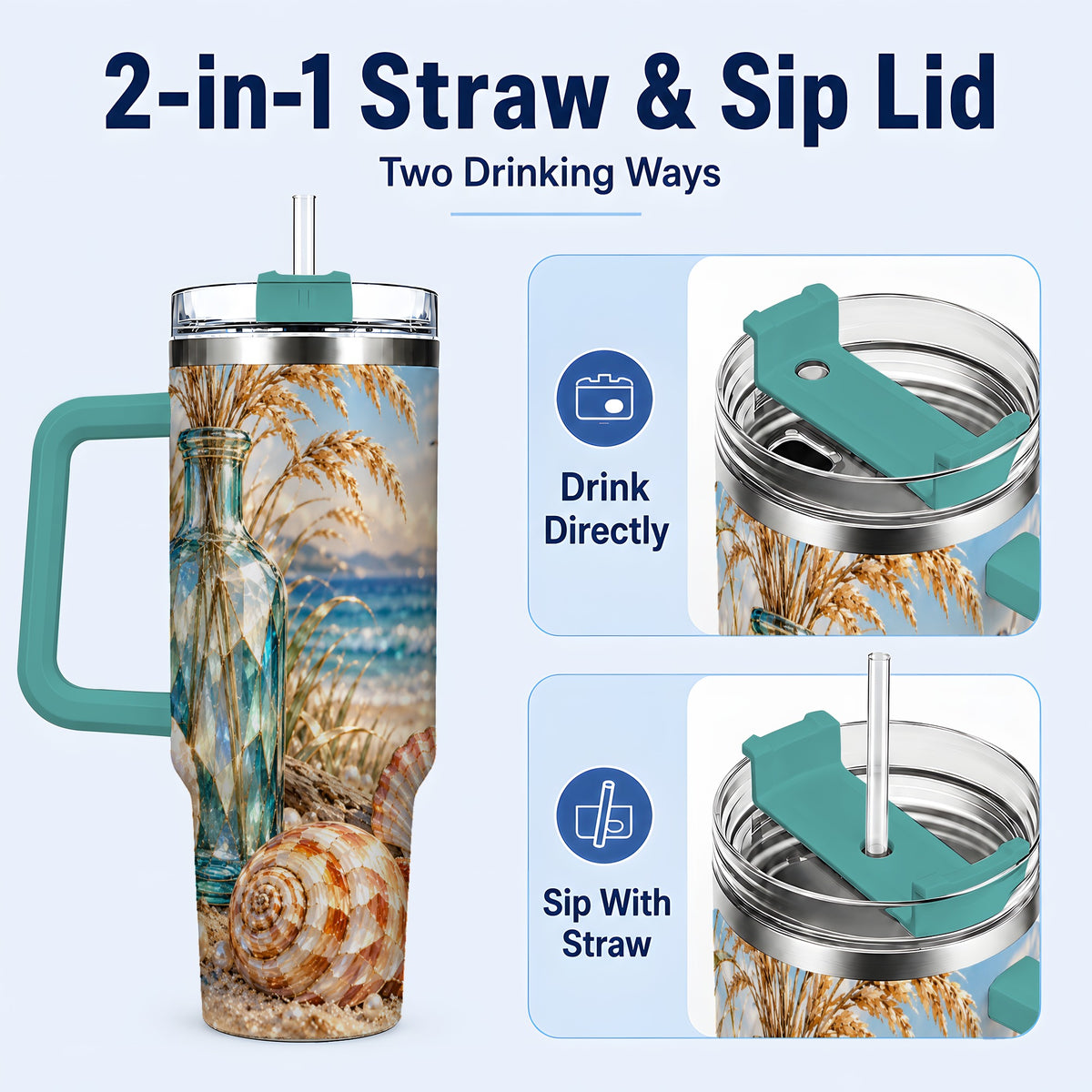 #pl[40oz|Green] Faceted Seashell 40oz Tumbler with Handle, Coastal Stainless Steel Cup