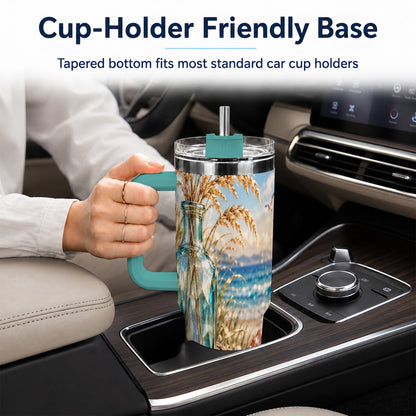 #pl[40oz|Green] Faceted Seashell 40oz Tumbler with Handle, Coastal Stainless Steel Cup