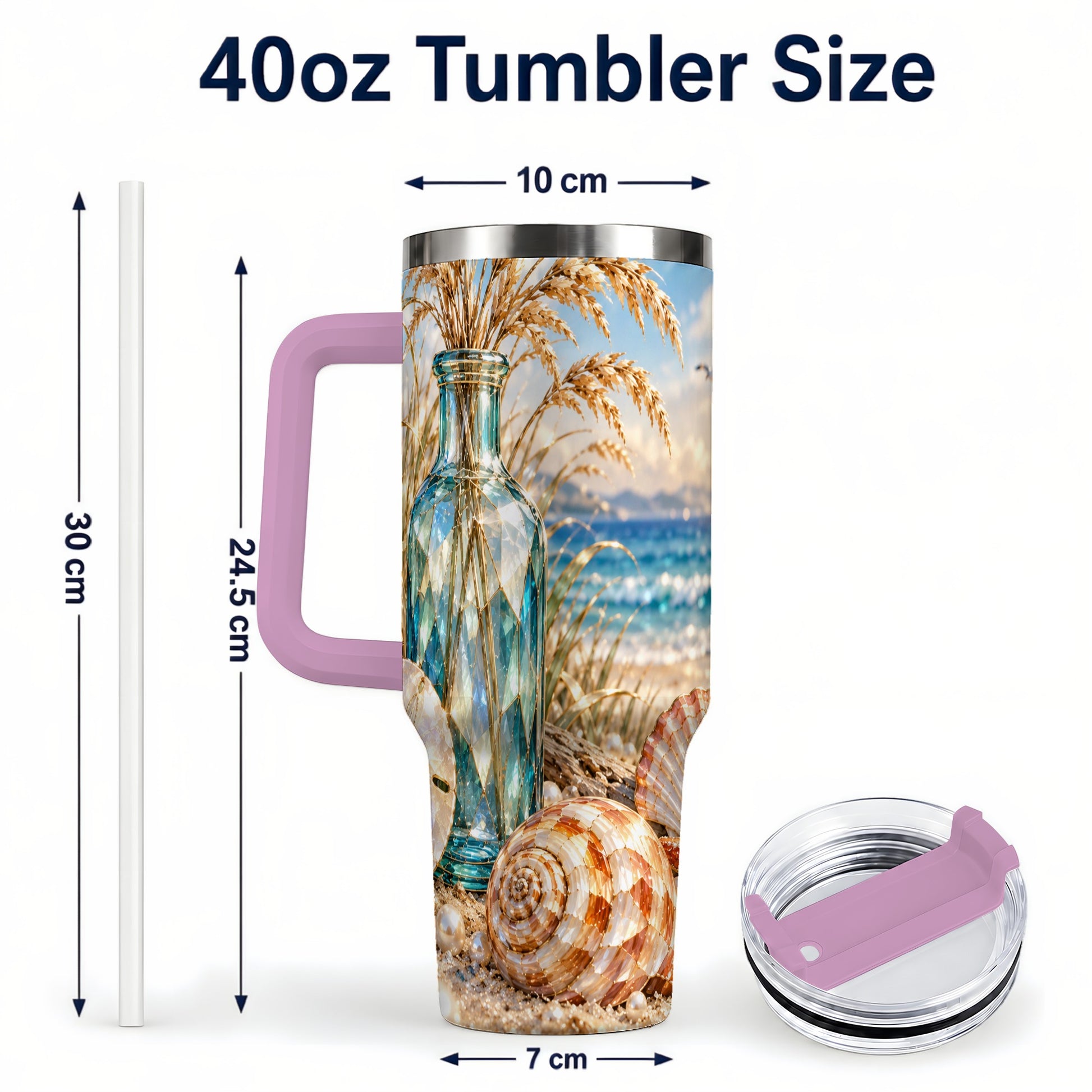 #pl[40oz|Pink] Faceted Seashell 40oz Tumbler with Handle, Coastal Stainless Steel Cup