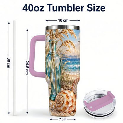#pl[40oz|Pink] Faceted Seashell 40oz Tumbler with Handle, Coastal Stainless Steel Cup