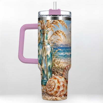 #pl[40oz|Pink] Faceted Seashell 40oz Tumbler with Handle, Coastal Stainless Steel Cup