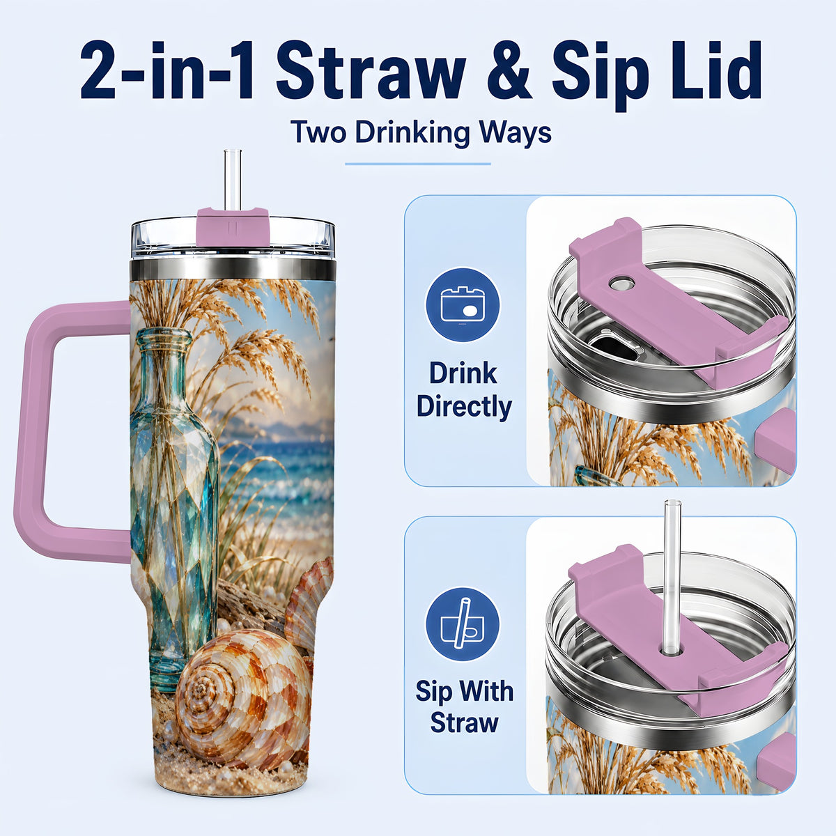 #pl[40oz|Pink] Faceted Seashell 40oz Tumbler with Handle, Coastal Stainless Steel Cup