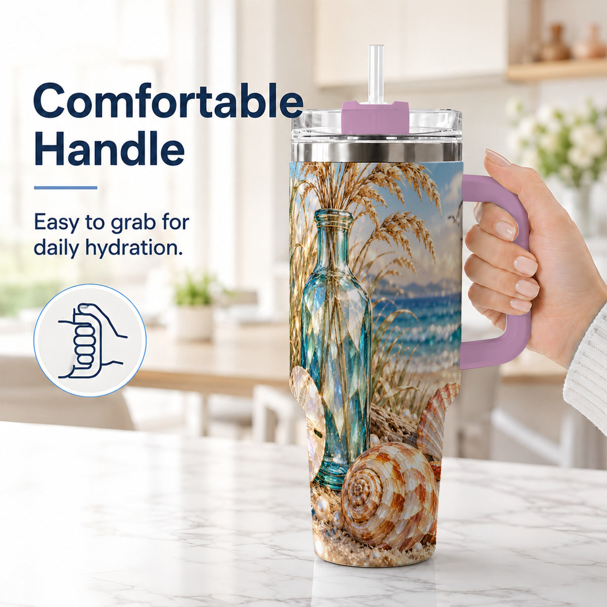 #pl[40oz|Pink] Faceted Seashell 40oz Tumbler with Handle, Coastal Stainless Steel Cup
