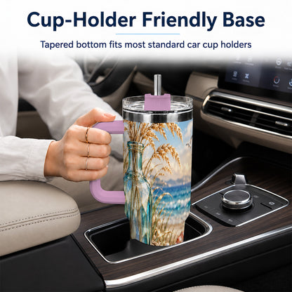 #pl[40oz|Pink] Faceted Seashell 40oz Tumbler with Handle, Coastal Stainless Steel Cup