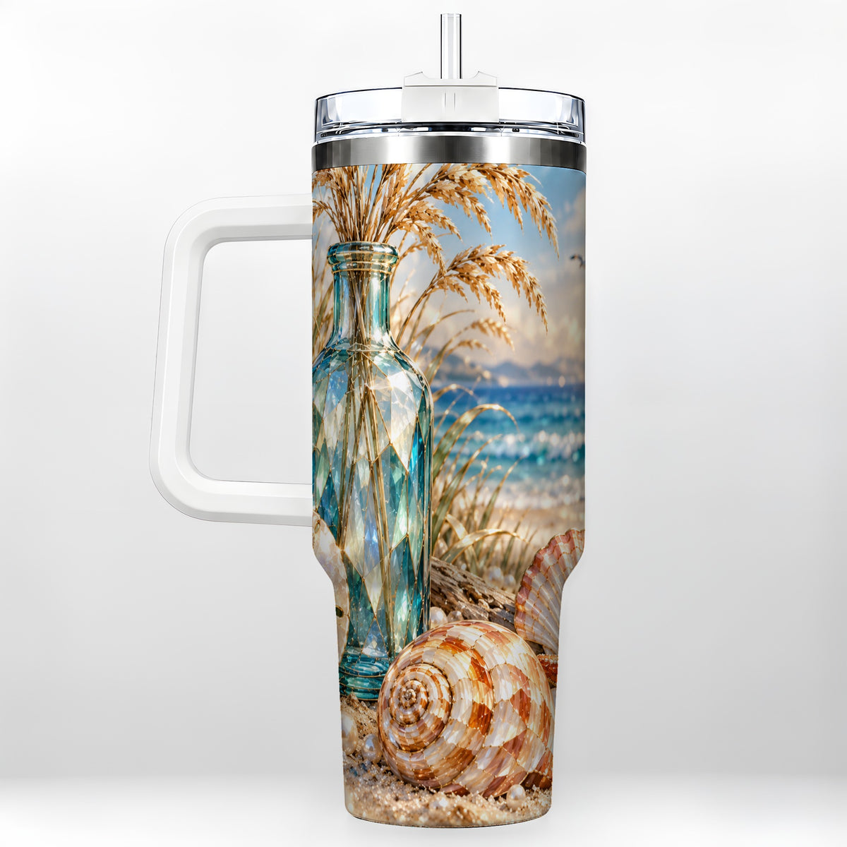 Faceted Seashell 40oz Tumbler with Handle, Coastal Stainless Steel Cup