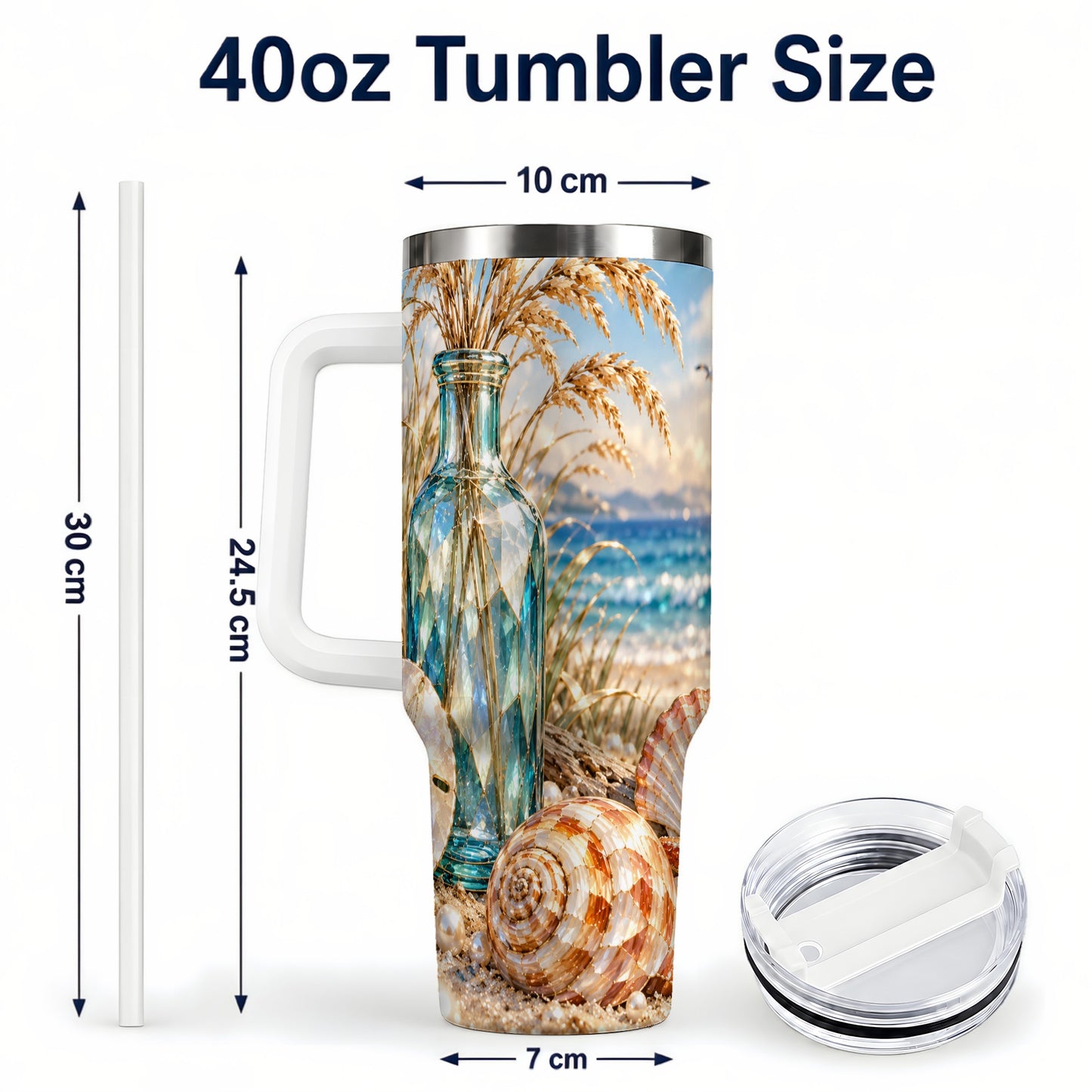 #pl[40oz|White] Faceted Seashell 40oz Tumbler with Handle, Coastal Stainless Steel Cup