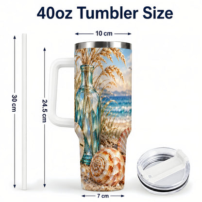 #pl[40oz|White] Faceted Seashell 40oz Tumbler with Handle, Coastal Stainless Steel Cup
