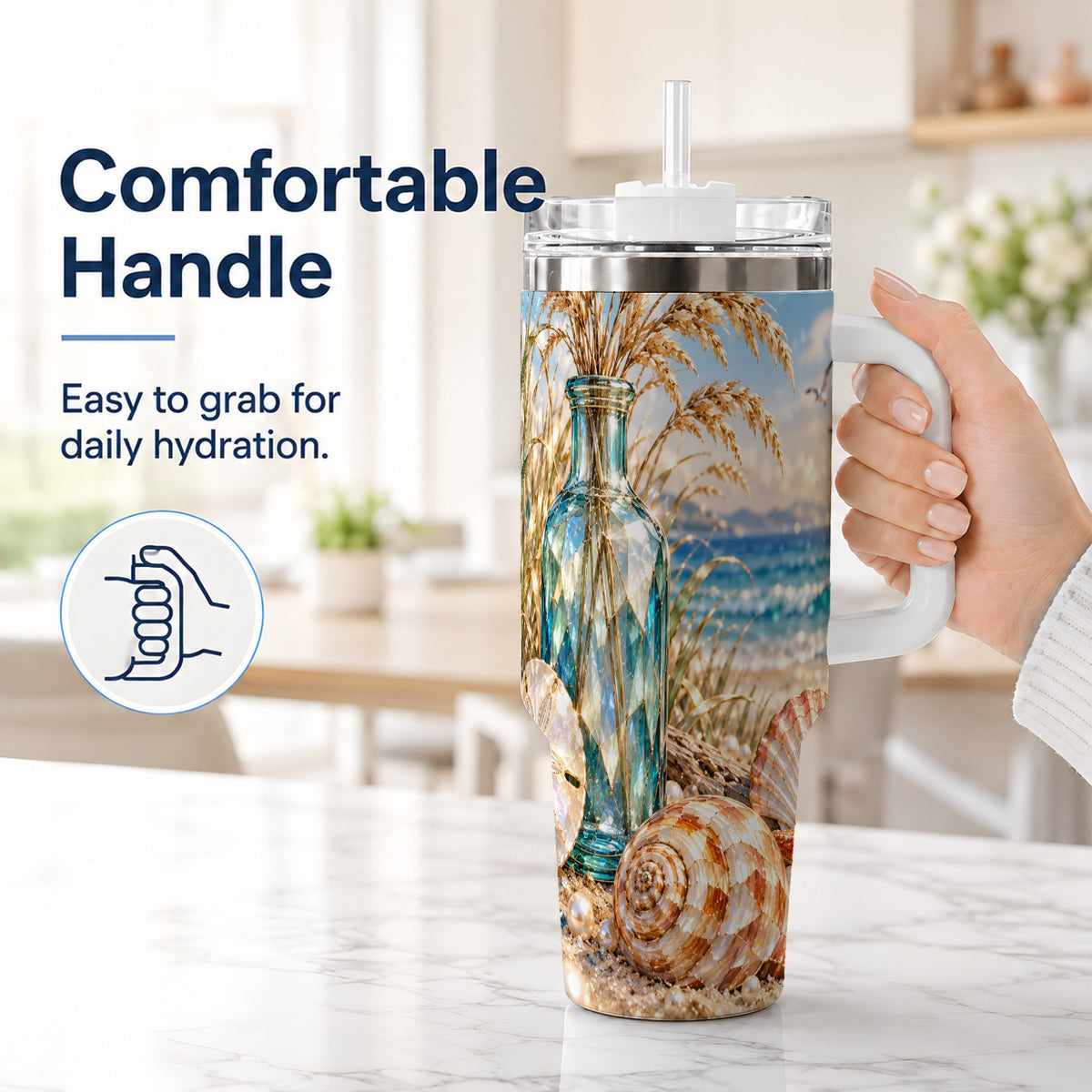 #pl[40oz|White] Faceted Seashell 40oz Tumbler with Handle, Coastal Stainless Steel Cup