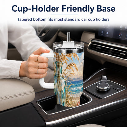 #pl[40oz|White] Faceted Seashell 40oz Tumbler with Handle, Coastal Stainless Steel Cup