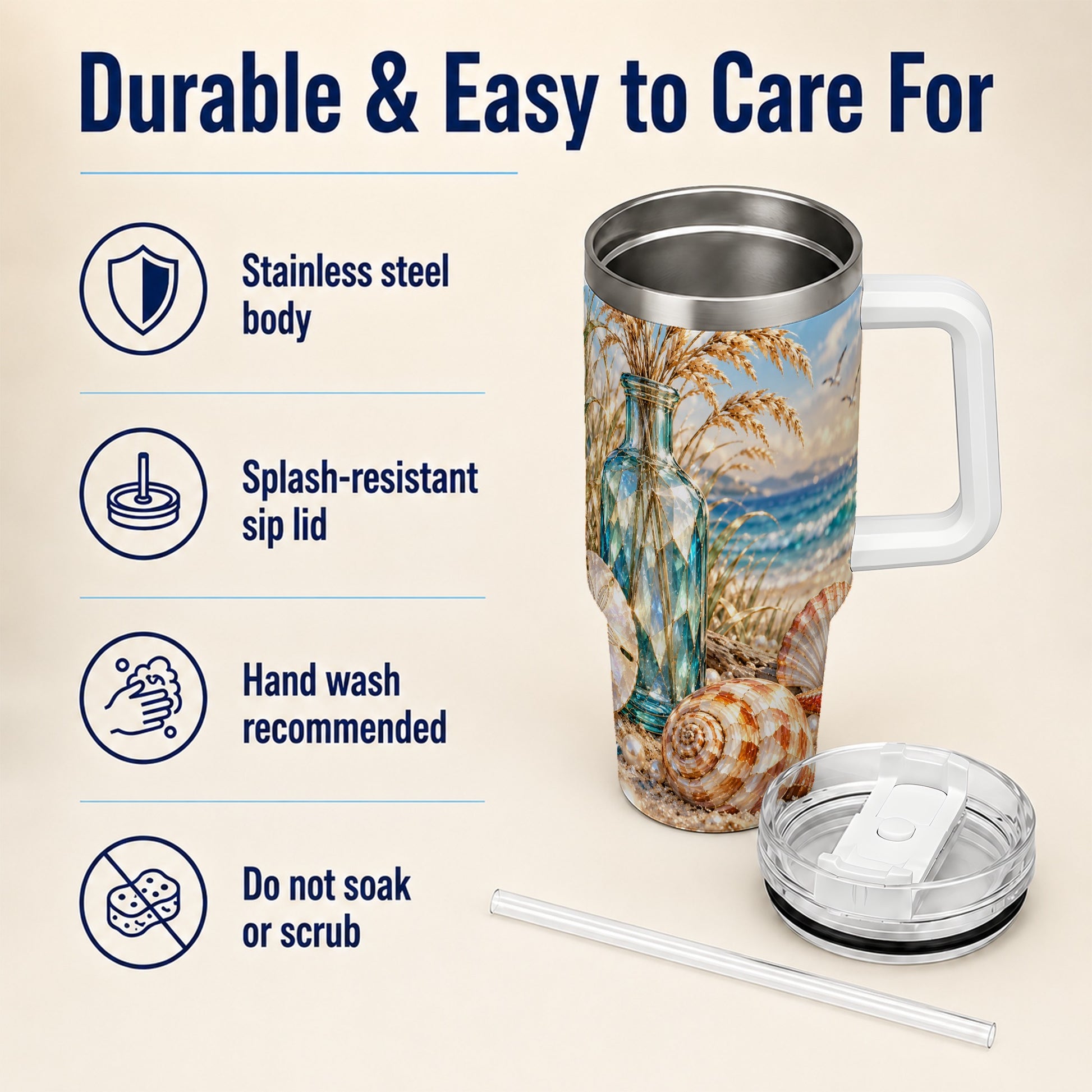 #pl[40oz|White] Faceted Seashell 40oz Tumbler with Handle, Coastal Stainless Steel Cup