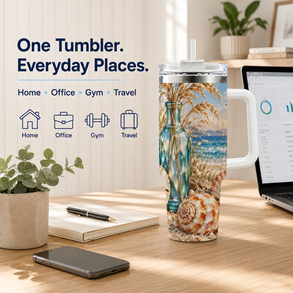 #pl[40oz|White] Faceted Seashell 40oz Tumbler with Handle, Coastal Stainless Steel Cup