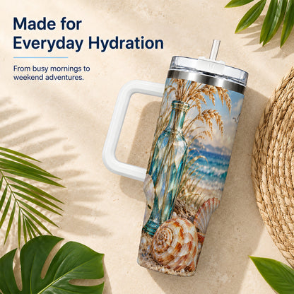 #pl[40oz|White] Faceted Seashell 40oz Tumbler with Handle, Coastal Stainless Steel Cup