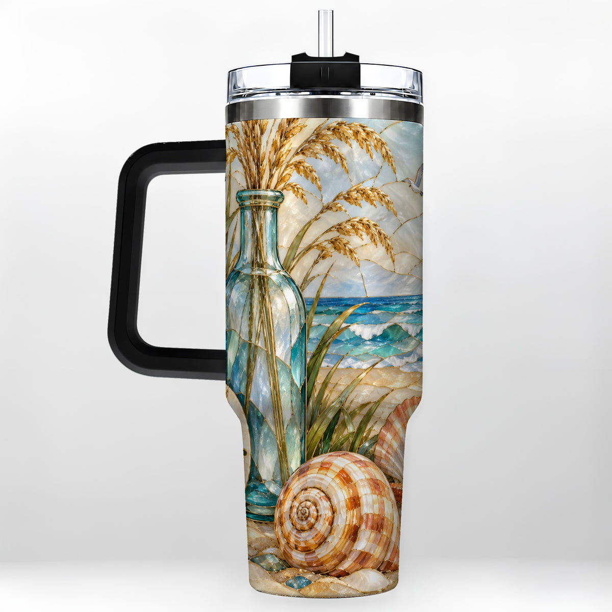 #pl[40oz|Black] Coastal Shell 40oz Tumbler with Handle, Beach Stainless Steel Cup