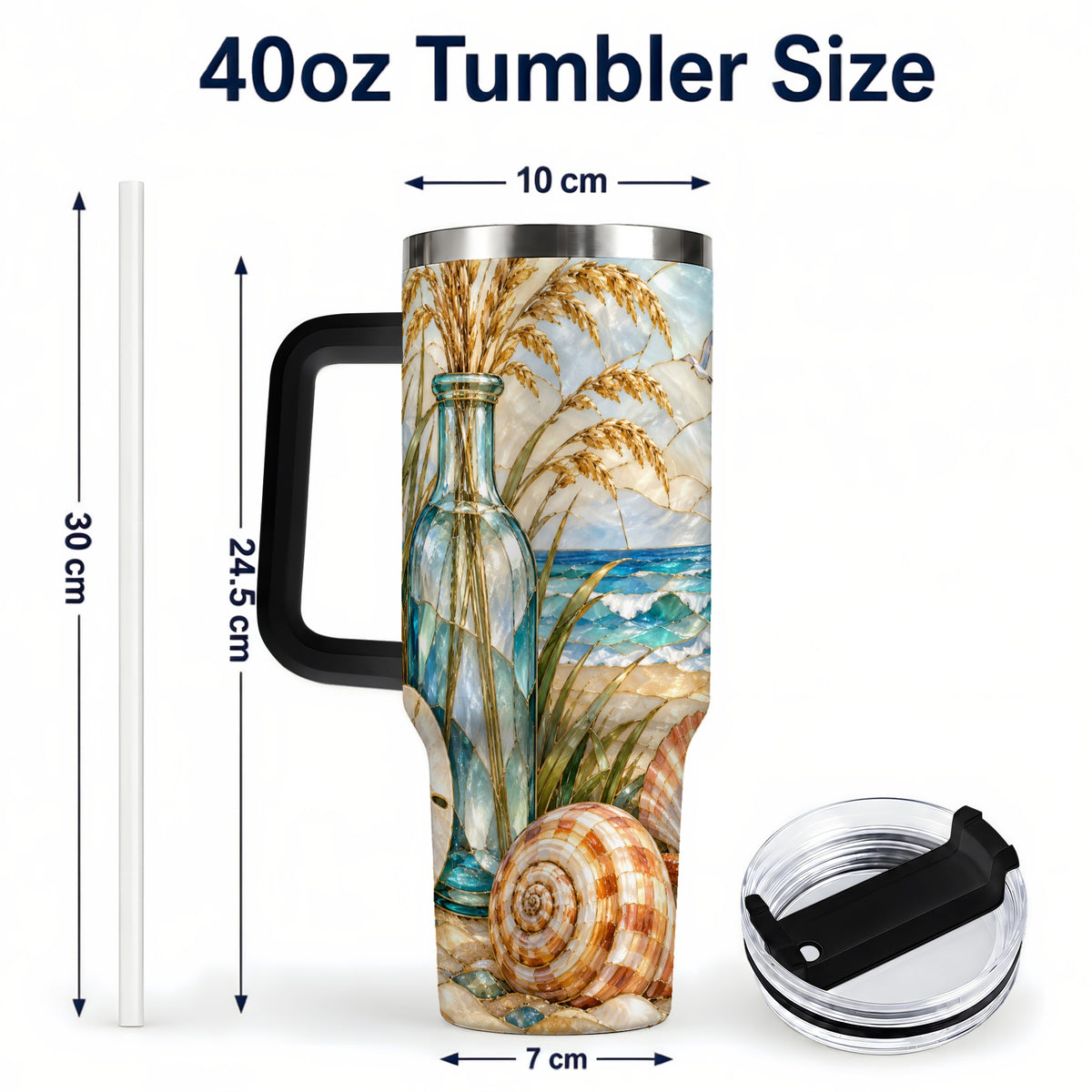 #pl[40oz|Black] Coastal Shell 40oz Tumbler with Handle, Beach Stainless Steel Cup
