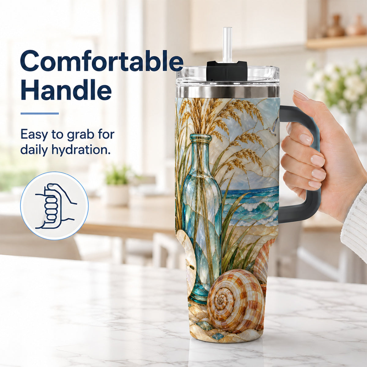 #pl[40oz|Black] Coastal Shell 40oz Tumbler with Handle, Beach Stainless Steel Cup
