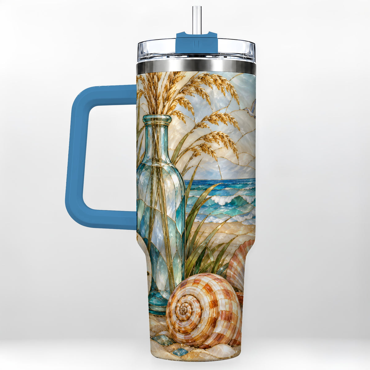 #pl[40oz|Blue] Coastal Shell 40oz Tumbler with Handle, Beach Stainless Steel Cup
