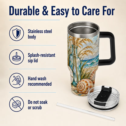 #pl[40oz|Black] Coastal Shell 40oz Tumbler with Handle, Beach Stainless Steel Cup