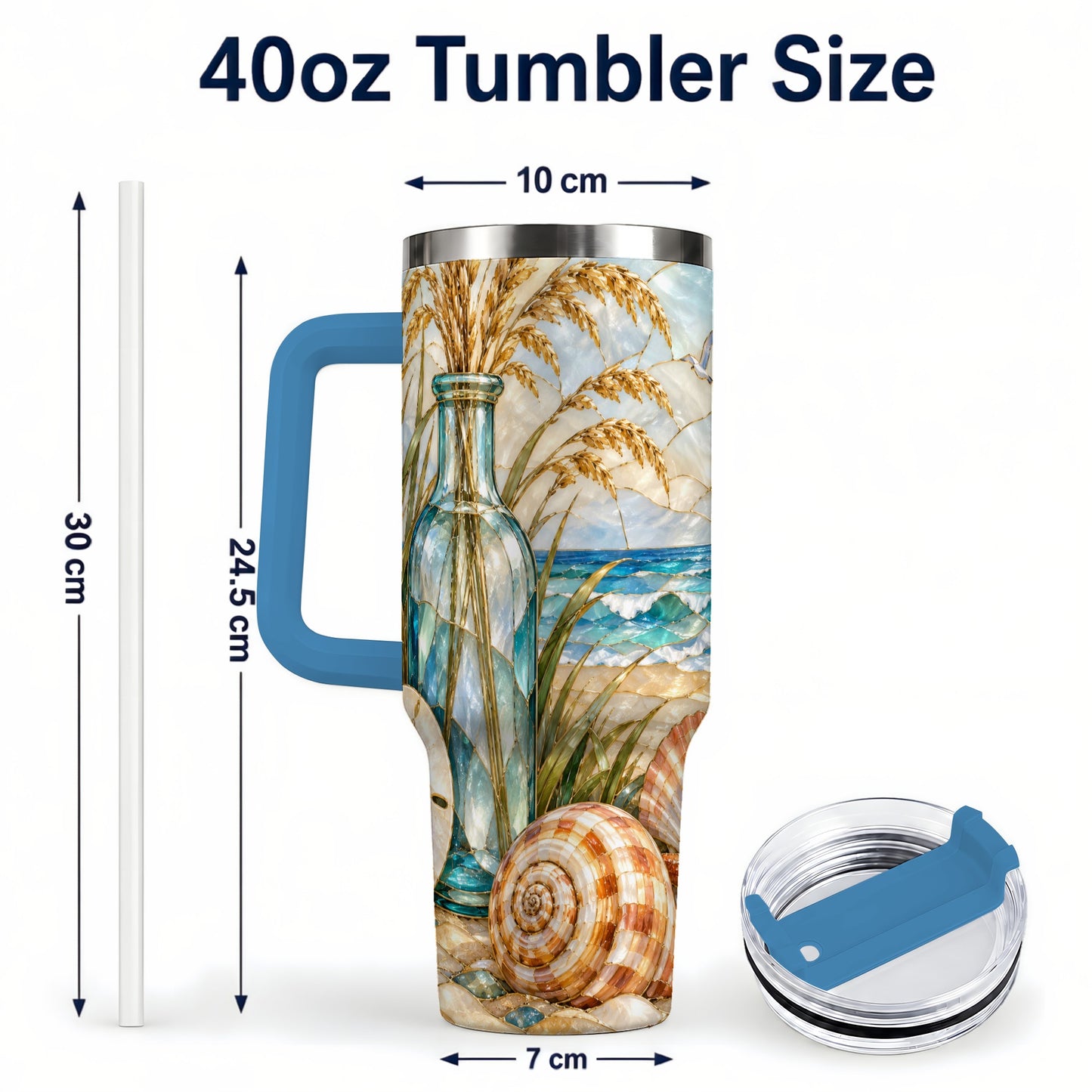 #pl[40oz|Blue] Coastal Shell 40oz Tumbler with Handle, Beach Stainless Steel Cup