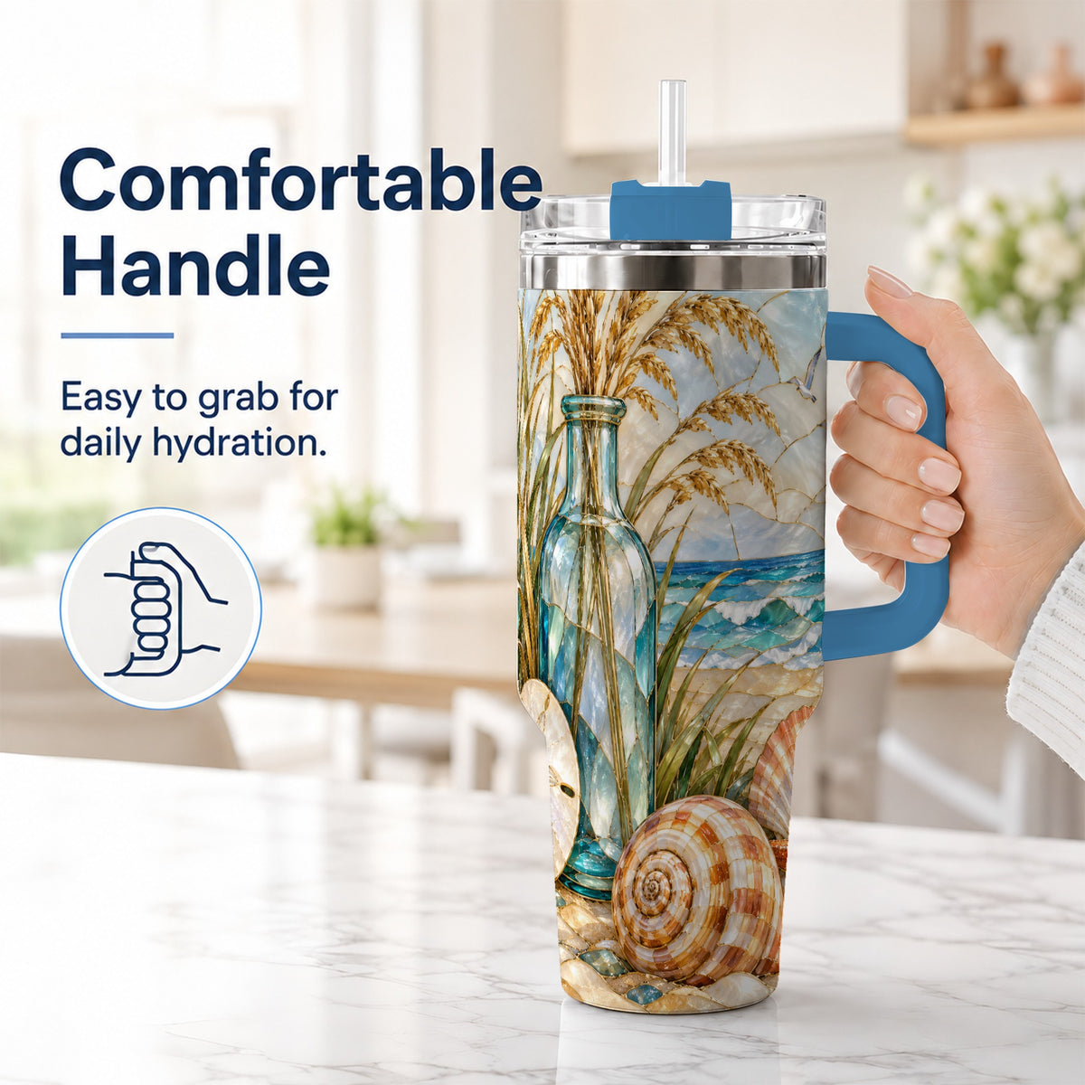 #pl[40oz|Blue] Coastal Shell 40oz Tumbler with Handle, Beach Stainless Steel Cup