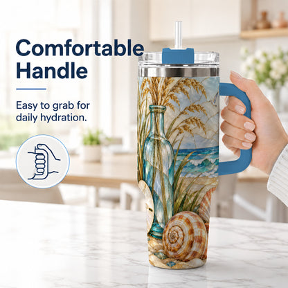 #pl[40oz|Blue] Coastal Shell 40oz Tumbler with Handle, Beach Stainless Steel Cup