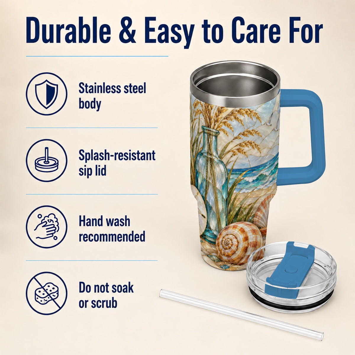 #pl[40oz|Blue] Coastal Shell 40oz Tumbler with Handle, Beach Stainless Steel Cup