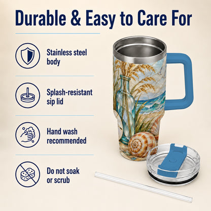 #pl[40oz|Blue] Coastal Shell 40oz Tumbler with Handle, Beach Stainless Steel Cup