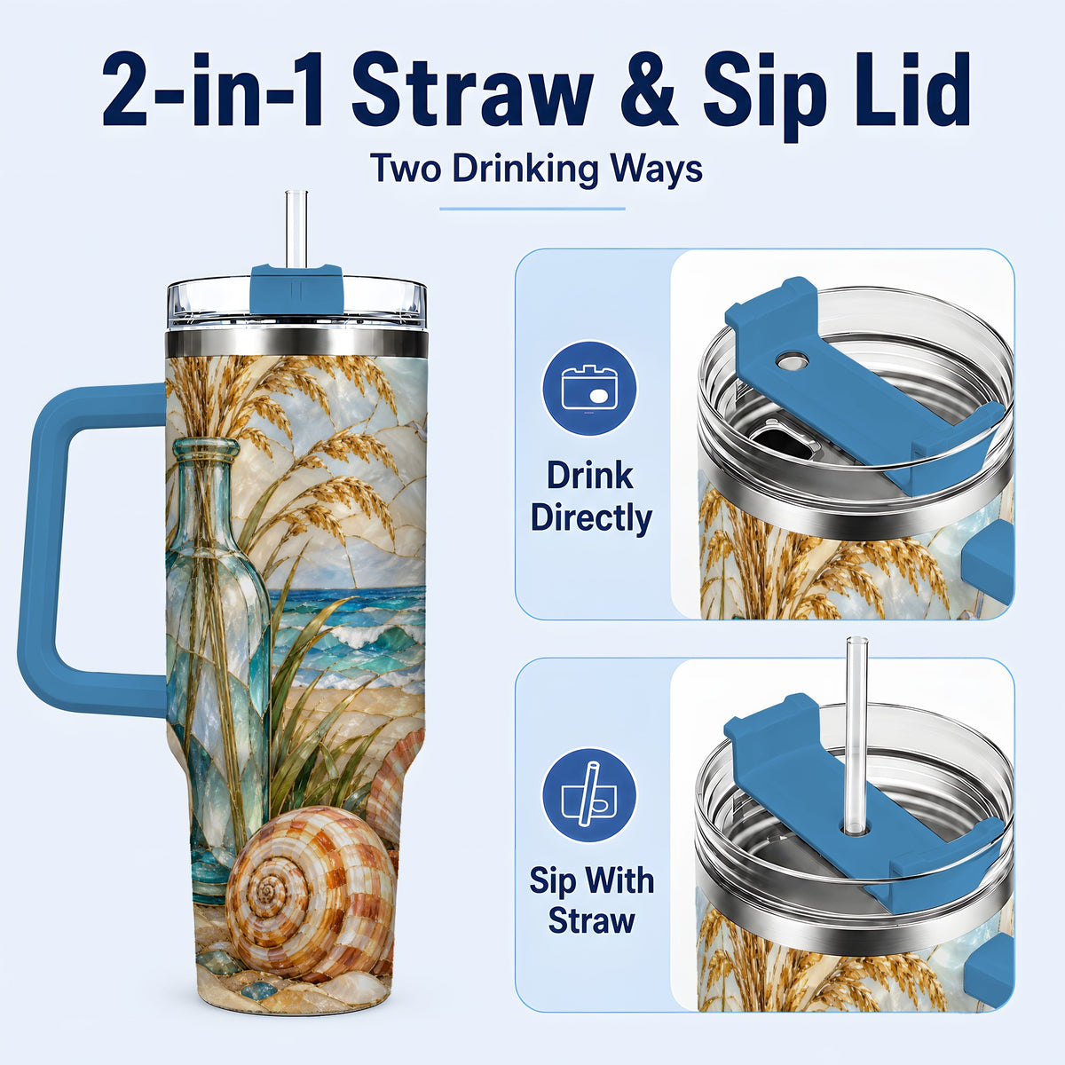 #pl[40oz|Blue] Coastal Shell 40oz Tumbler with Handle, Beach Stainless Steel Cup