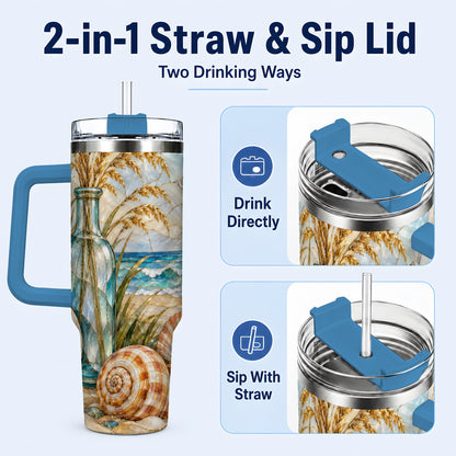 #pl[40oz|Blue] Coastal Shell 40oz Tumbler with Handle, Beach Stainless Steel Cup