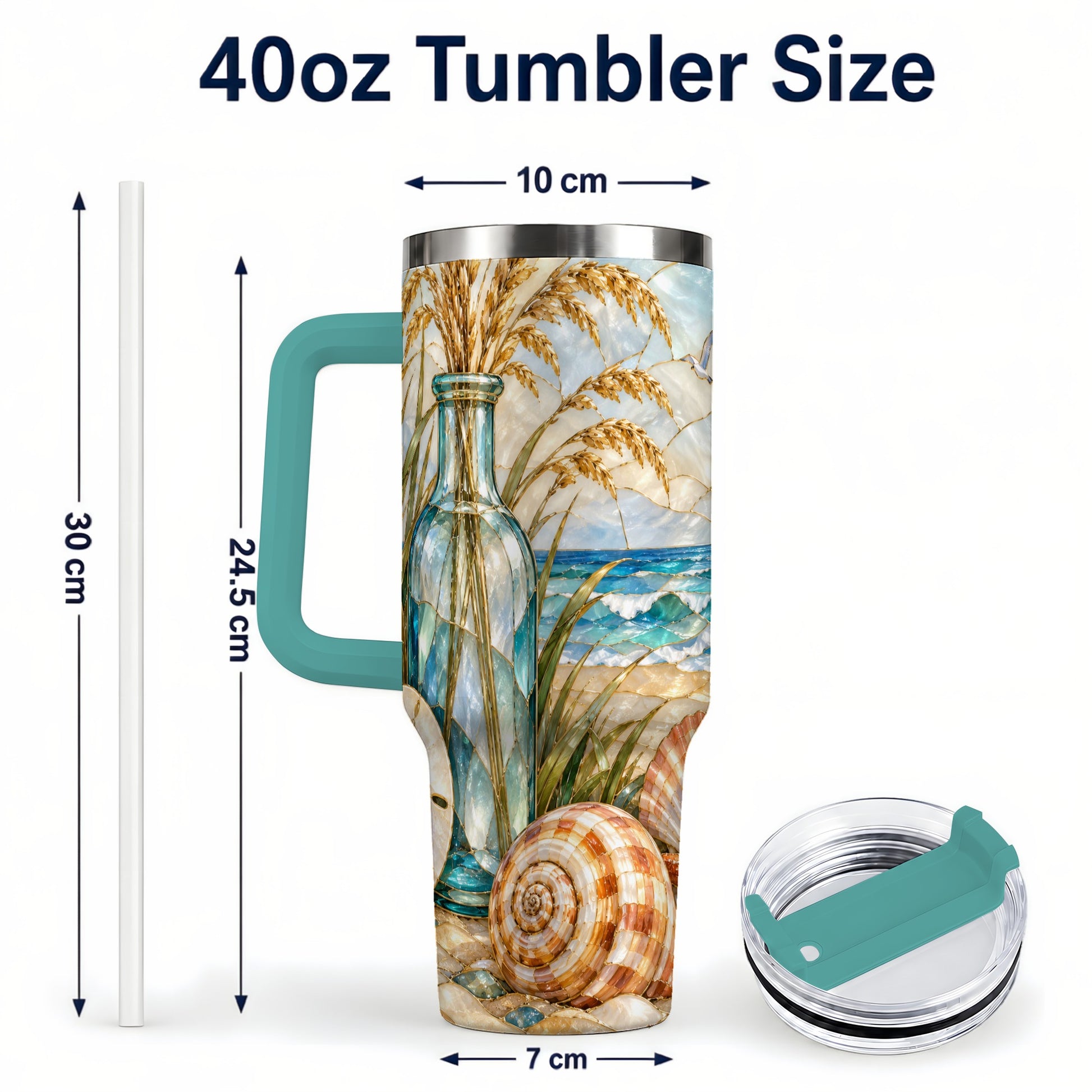 #pl[40oz|Green] Coastal Shell 40oz Tumbler with Handle, Beach Stainless Steel Cup