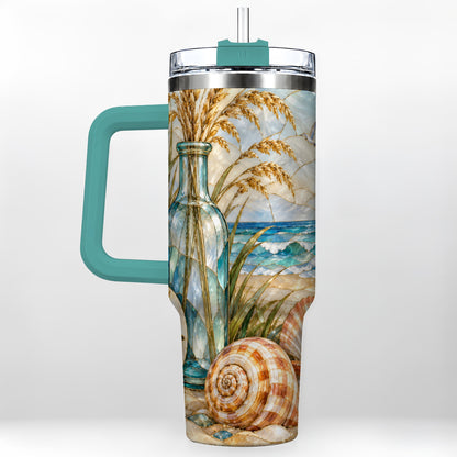 #pl[40oz|Green] Coastal Shell 40oz Tumbler with Handle, Beach Stainless Steel Cup