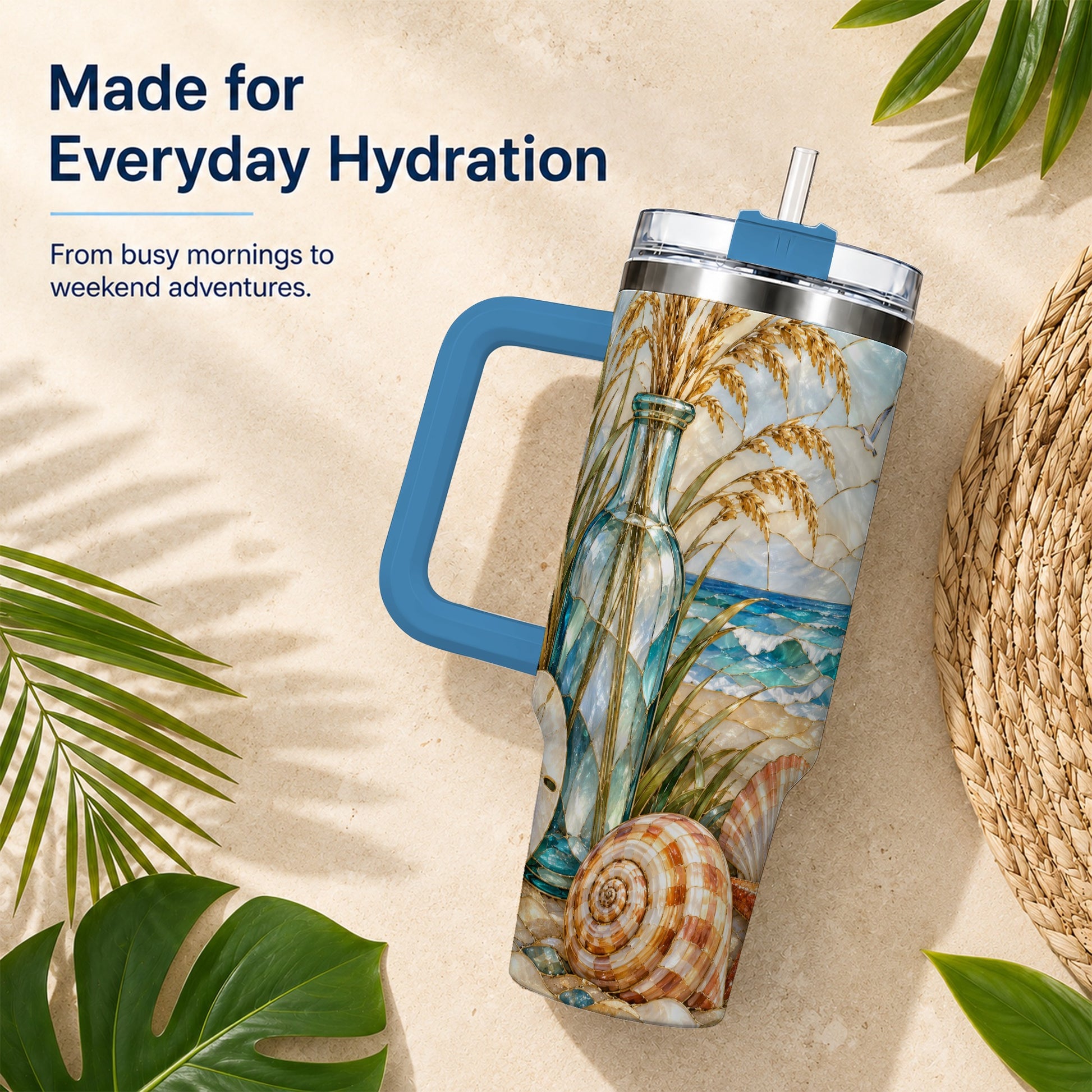#pl[40oz|Blue] Coastal Shell 40oz Tumbler with Handle, Beach Stainless Steel Cup