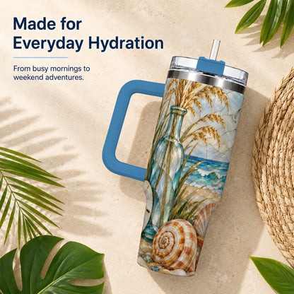 #pl[40oz|Blue] Coastal Shell 40oz Tumbler with Handle, Beach Stainless Steel Cup