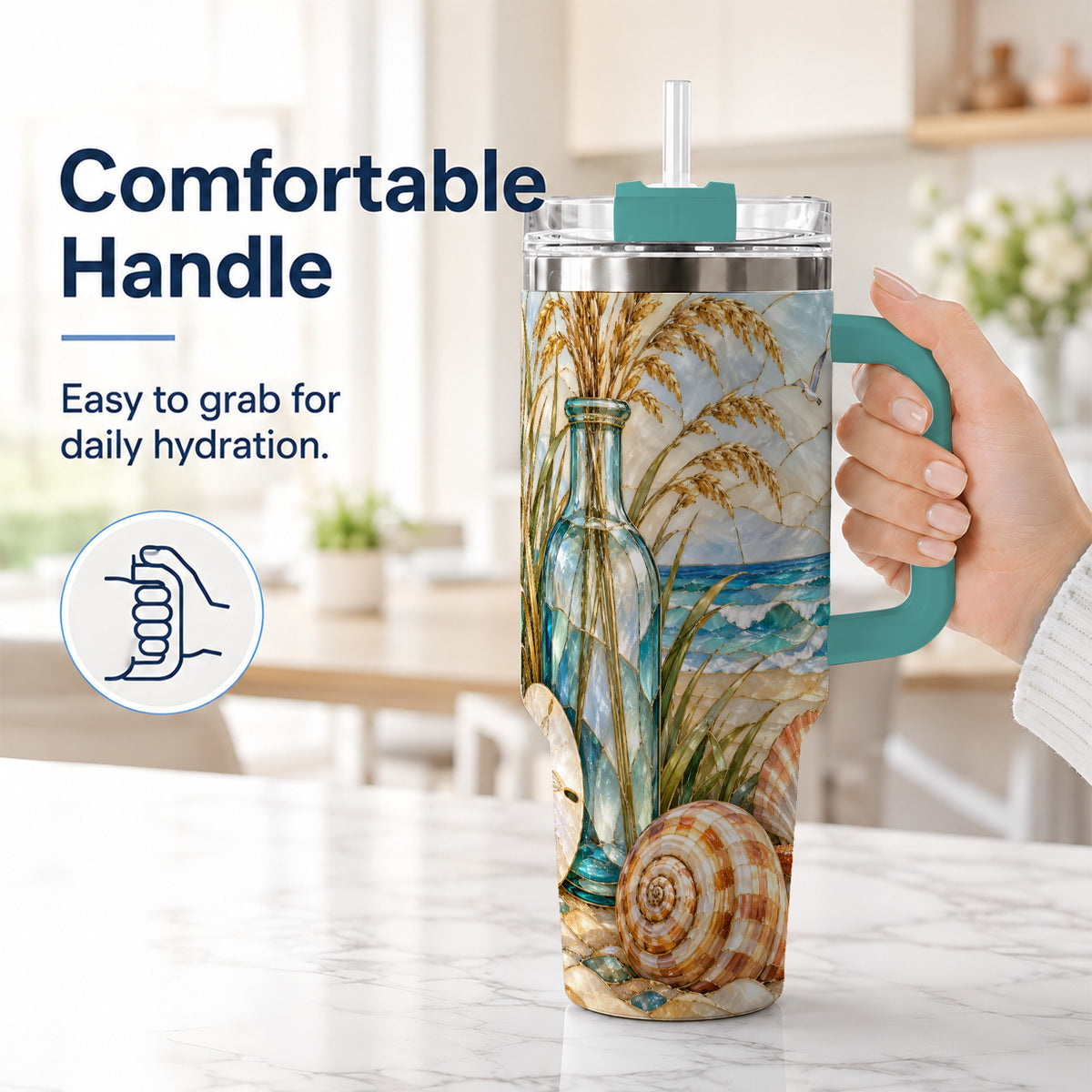 #pl[40oz|Green] Coastal Shell 40oz Tumbler with Handle, Beach Stainless Steel Cup