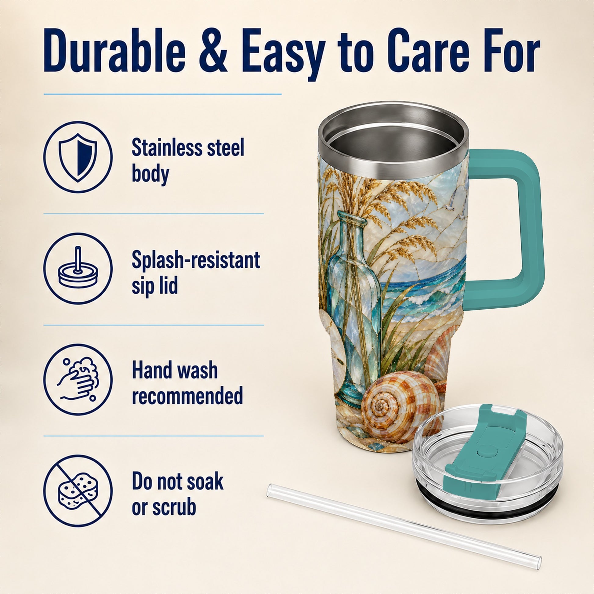 #pl[40oz|Green] Coastal Shell 40oz Tumbler with Handle, Beach Stainless Steel Cup