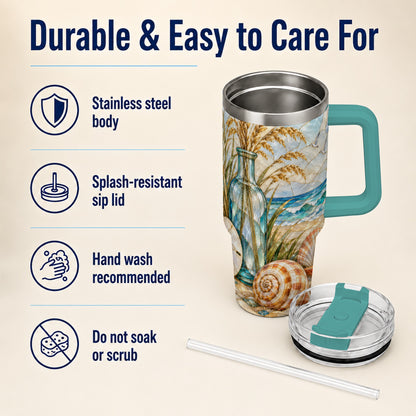 #pl[40oz|Green] Coastal Shell 40oz Tumbler with Handle, Beach Stainless Steel Cup