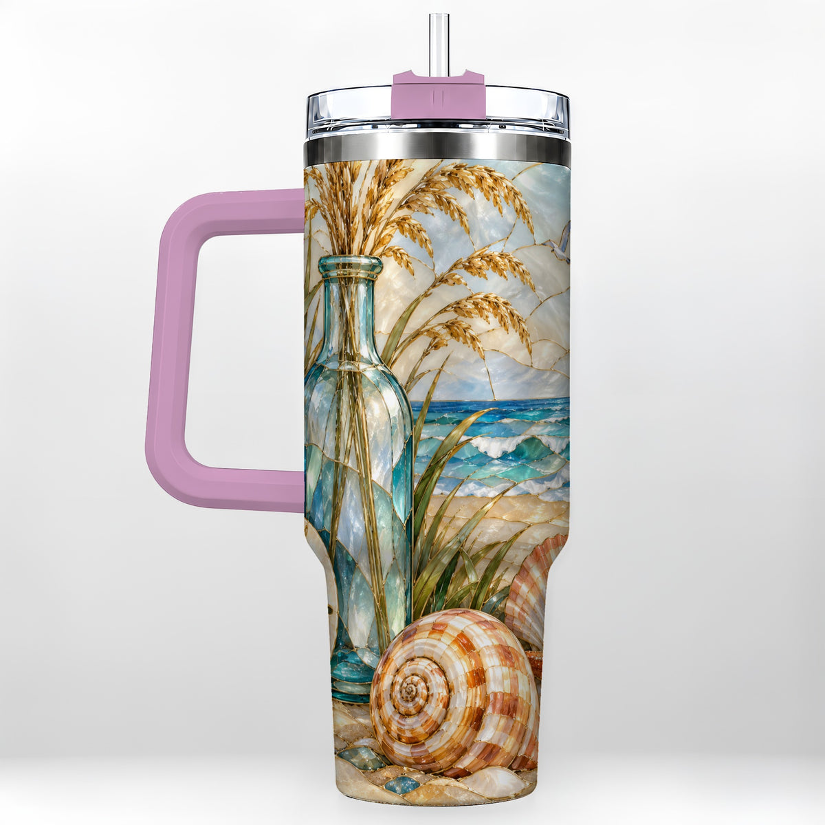 #pl[40oz|Pink] Coastal Shell 40oz Tumbler with Handle, Beach Stainless Steel Cup