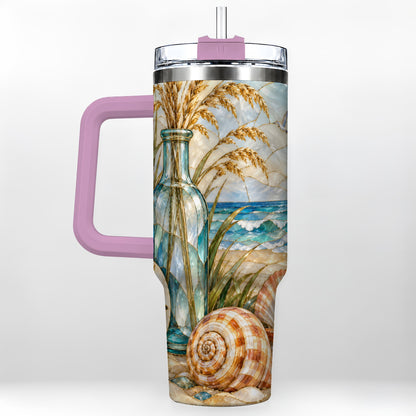 #pl[40oz|Pink] Coastal Shell 40oz Tumbler with Handle, Beach Stainless Steel Cup