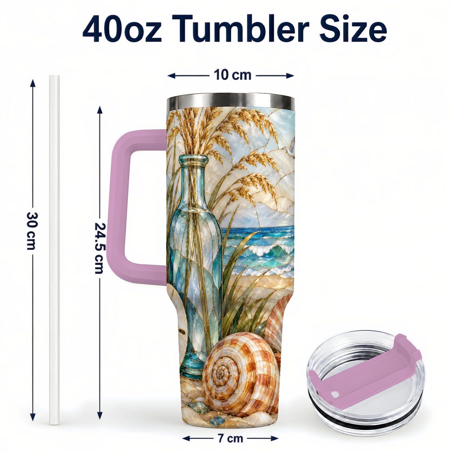 #pl[40oz|Pink] Coastal Shell 40oz Tumbler with Handle, Beach Stainless Steel Cup