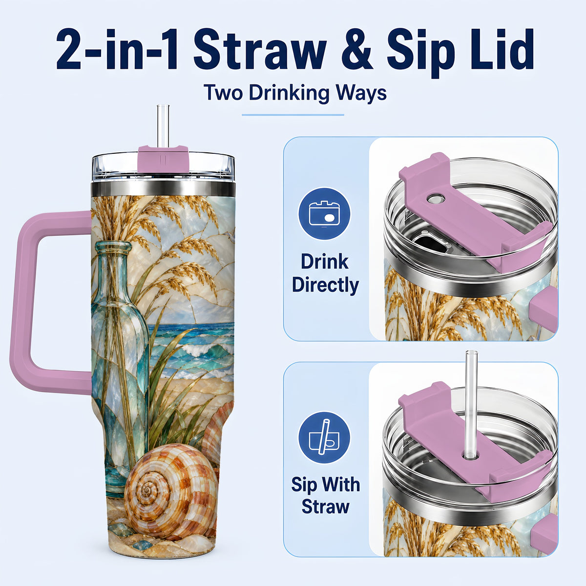 #pl[40oz|Pink] Coastal Shell 40oz Tumbler with Handle, Beach Stainless Steel Cup